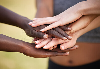 Buy stock photo Hands, stack and athlete in circle, closeup and diversity for support, solidarity or connection for fitness. People, together and outdoor for sports, inclusion and trust in scrum, training or contest