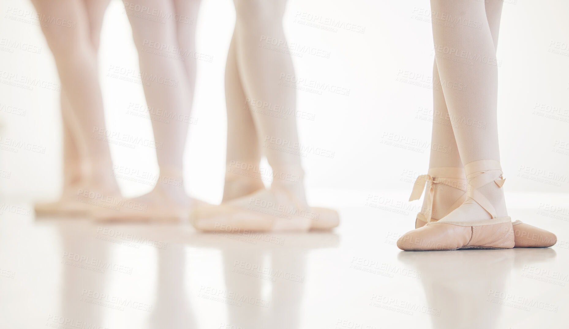 Buy stock photo Studio, ballet and legs of students for practice, performance and rehearsal for dance competition. Ballerina, people and slippers in class for learning, teamwork or talent with balance in art academy