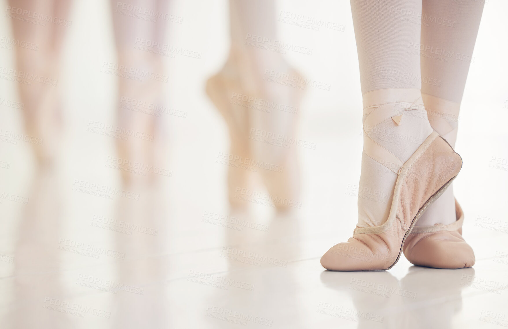 Buy stock photo Studio, ballet and feet of students for practice, performance and rehearsal for dance competition. Ballerina, people and slippers in class for learning, creative or talent with balance in art academy