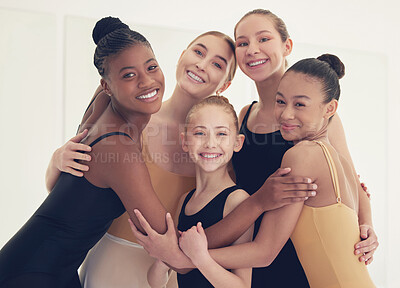 Buy stock photo Shot of a group of young female ballet dancers together in a dance studio