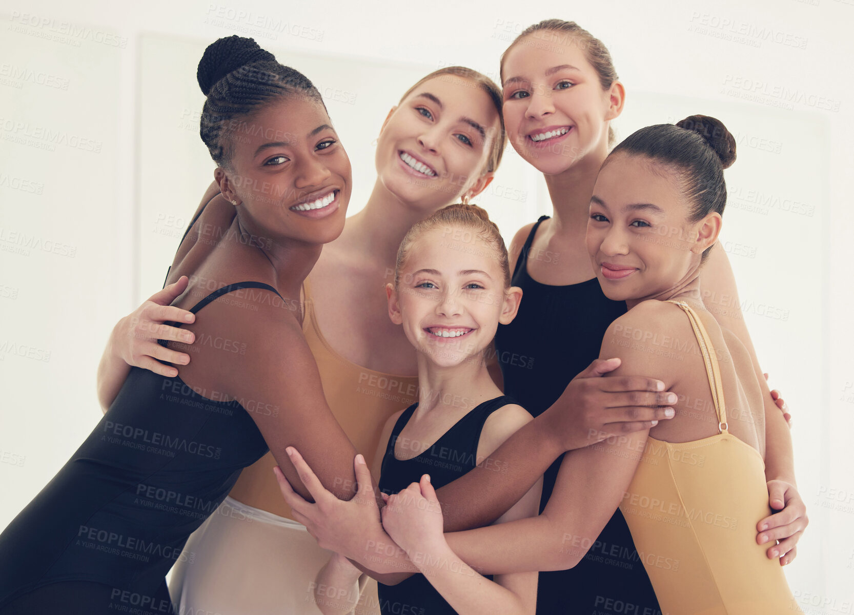 Buy stock photo Girl, group and smile for ballet in portrait, class and hug with diversity, connection or care at dance school. Teenager friends, solidarity and support at academy for talent, concert and performance