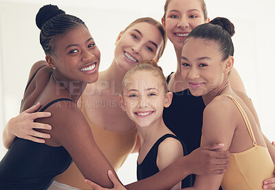 Buy stock photo Shot of a group of young female ballet dancers together in a dance studio