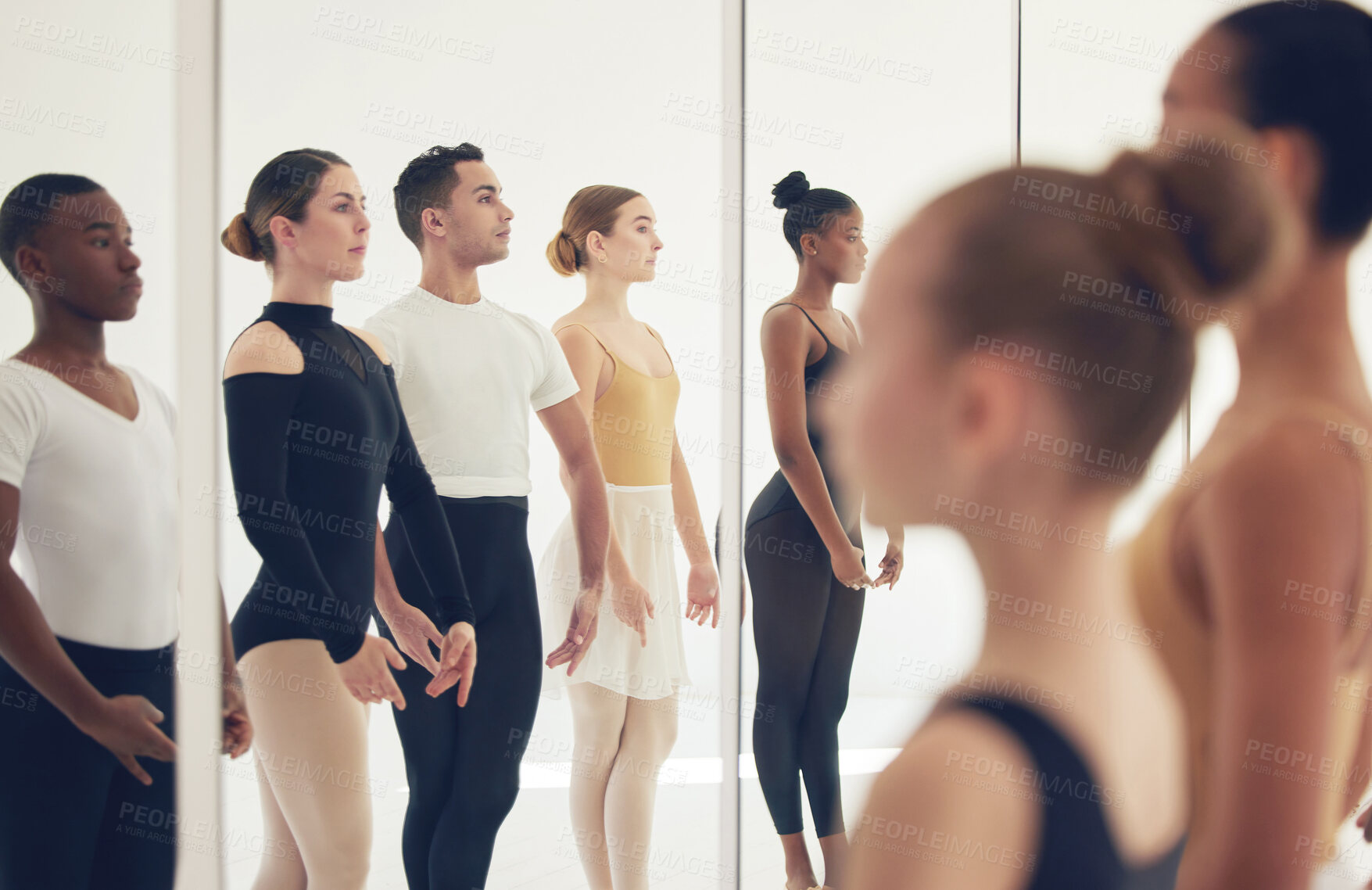 Buy stock photo Ballet, class and students in mirror together for practice, exercise or start at professional academy. Art, dance studio and talent in group of ballerina people in warm up for creative performance