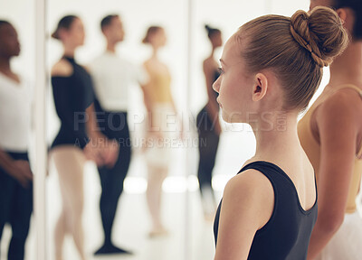 Buy stock photo Ballet, studio and students in mirror together for practice, exercise or start at professional academy. Art, dance class and talent in group of ballerina people in warm up for creative performance