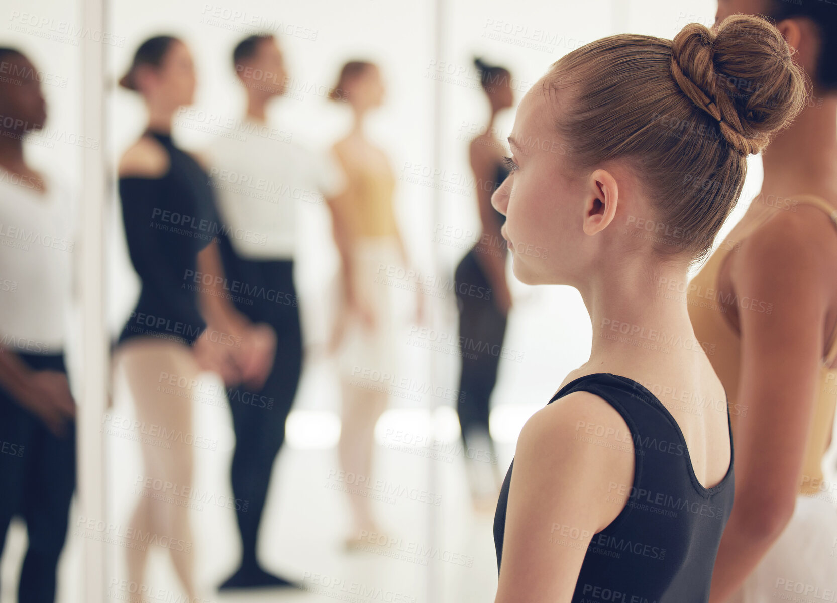 Buy stock photo Ballet, studio and students in mirror together for practice, exercise or start at professional academy. Art, dance class and talent in group of ballerina people in warm up for creative performance