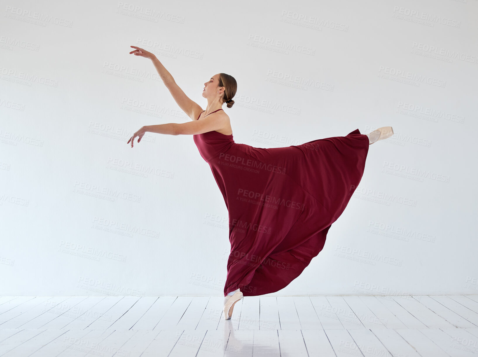 Buy stock photo Woman, ballet and performance art in studio, learning dance and practice rehearsal in elegant dress. Person, dancer and strong girl for balance, theatre training and creative artistic movement