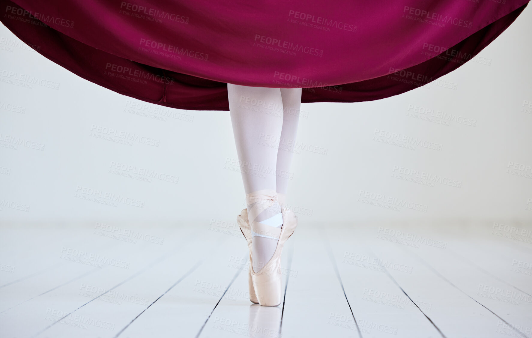 Buy stock photo Woman, ballet and performance shoes in studio, learning dance and practice rehearsal on pointe. Person, dancer legs and strong athlete for balance, theatre training and creative artistic movement