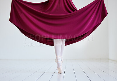 Buy stock photo Woman, ballet and performance legs in studio, learning dance and practice rehearsal on pointe. Person, dancer feet and strong athlete for balance, theatre training and creative artistic movement