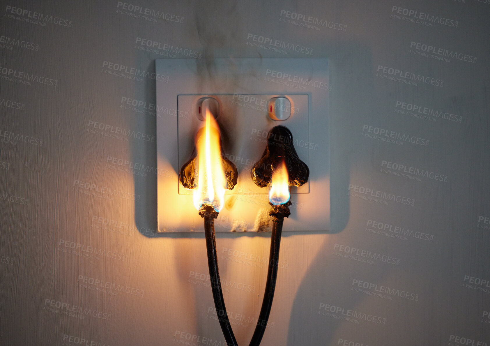 Buy stock photo Electricity, flame and socket on wall of home with space for accident, connection or emergency. Cable, fire or insurance and plug in apartment for danger, power or safety with electrical current