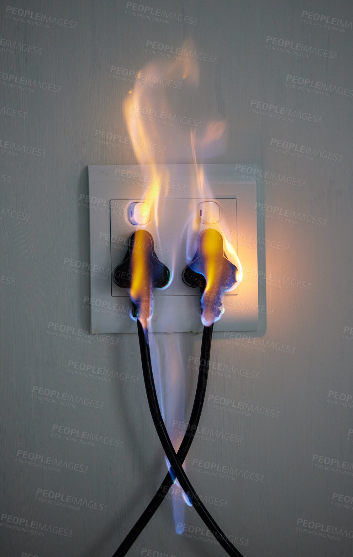 Buy stock photo Electricity, fire and plug on wall of home with accident, connection or emergency. Cable, flame or insurance and socket in apartment for danger, power or safety with electrical current disaster