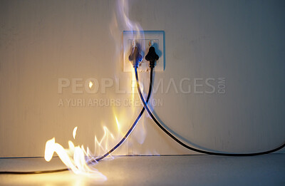 Buy stock photo Electrical fire, socket and wall in home with space for accident, connection or emergency. Electricity cable, flame or insurance and plug in apartment for danger, power or safety with current