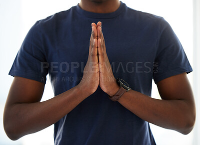 Buy stock photo Hands, worship and man praying in studio in hope of help, guidance and gratitude in white background. Hand, pray and male person in prayer to Jesus Christ, humble and spiritual, holy and Christianity