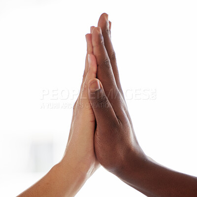 Buy stock photo High five, diversity and hands of people in support of power,  solidarity and collaboration on white background. Hands, connection and person friends in partnership, trust or team building success
