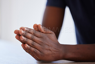 Buy stock photo Worship, hands and man praying in studio in hope of help, guidance and gratitude in white background. Hand, pray and male person in prayer to Jesus Christ, humble and spiritual, holy and Christianity