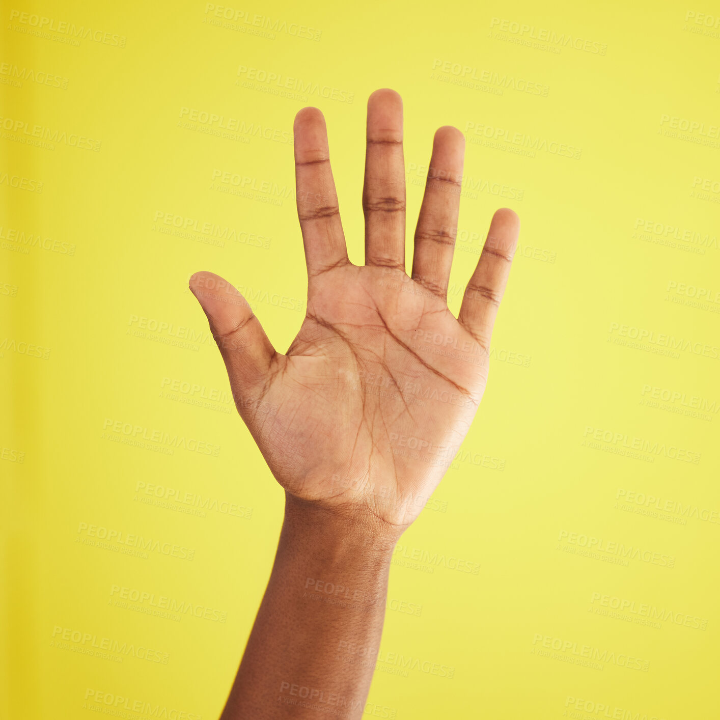 Buy stock photo Person, number and raised hand with question for stop or sign in studio on a yellow background. Closeup, fingers and open palm with emoji, symbol or wave for gesture, language or mathematics on space