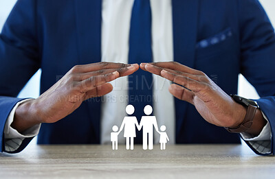 Buy stock photo Hands, roof and insurance for family, paper and cutout with protection, support and services in office. Person, agent or consultant with sign, icon and advice for security with risk cover in company