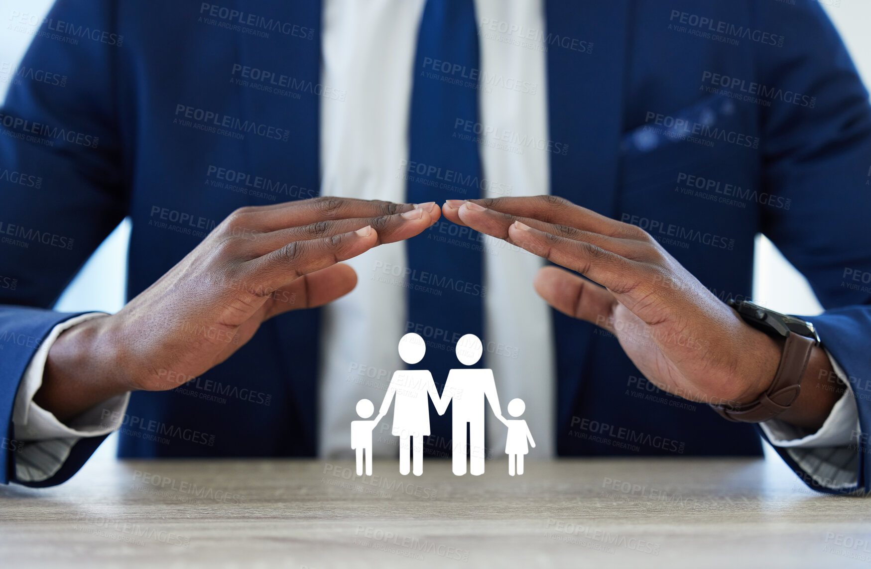 Buy stock photo Hands, roof and insurance for family, paper and cutout with protection, support and services in office. Person, agent or consultant with sign, icon and advice for security with risk cover in company