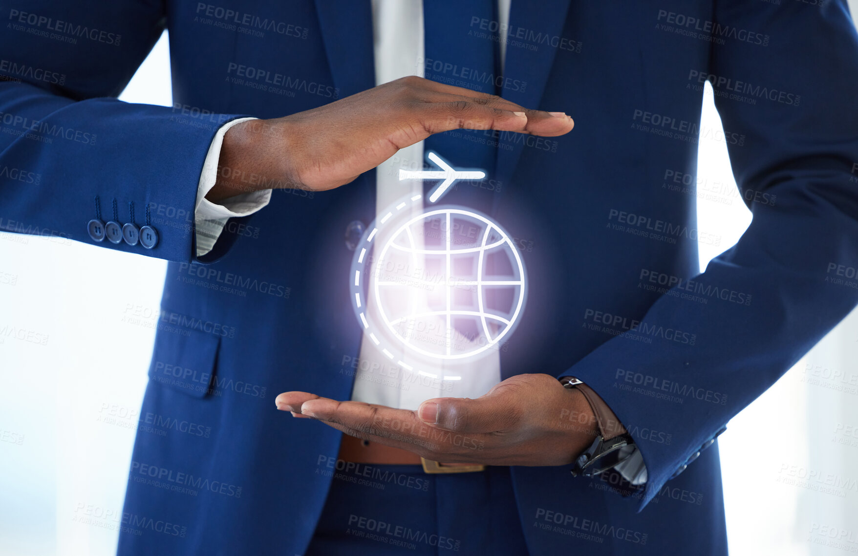 Buy stock photo Shot of an unrecognisable businessman’s hands covering a graphic of an airplane traveling around the world