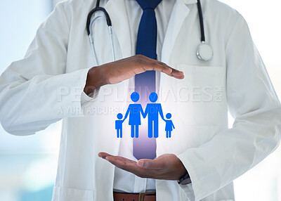 Buy stock photo Man, doctor and hands with hologram of family for healthcare or insurance at hospital. Closeup, icon or AI graphic with symbol for medical aid, life cover or future assurance in development.