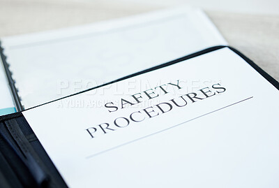 Buy stock photo Workplace, safety and procedures with documents above for business compliance, insurance or security at office. Top view, paperwork or contract with desk for guideline, regulations or policy at work