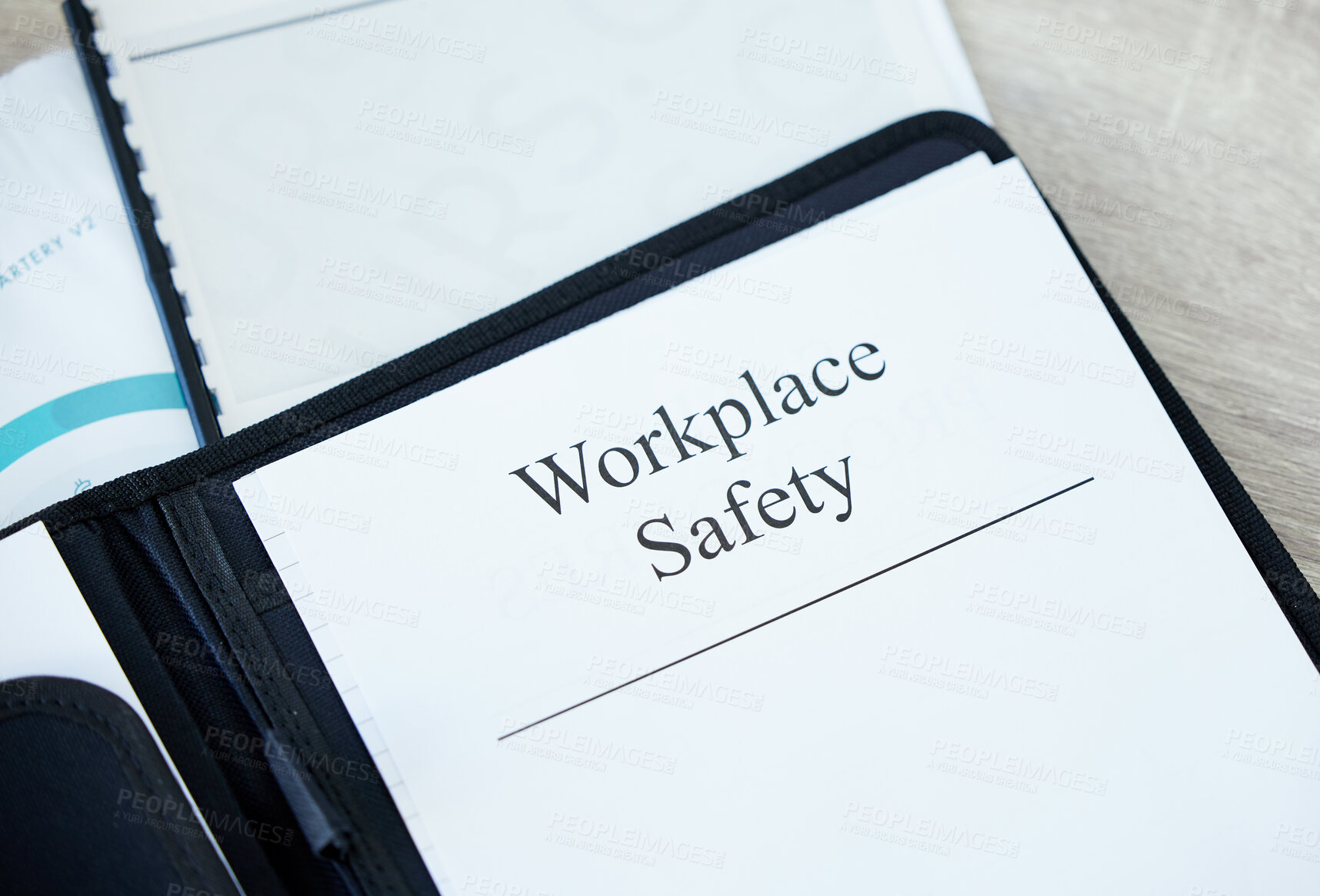 Buy stock photo Workplace, safety and policy with documents above for business compliance, insurance or security at office. Top view, paperwork or contract with desk for guideline, regulations or procedures at work