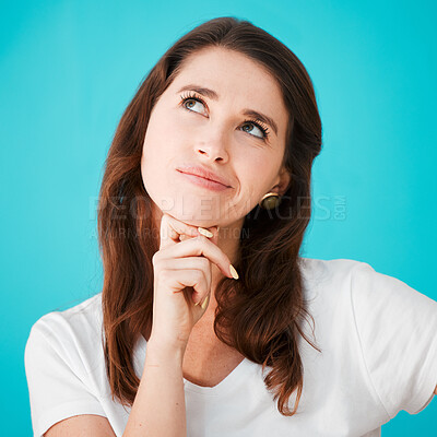 Buy stock photo Face, problem solving and thinking with woman on blue background for idea, planning or vision. Brainstorming, contemplation and wonder with happy person isolated in studio for future or question