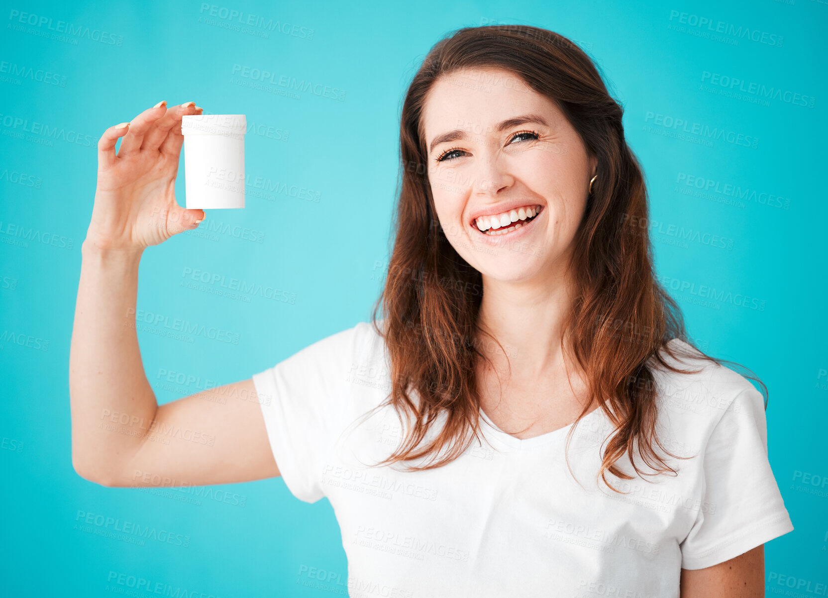 Buy stock photo Portrait, woman and health with medicine container, mockup space and logo for brand in studio background. Female person, happiness and promo for pharmaceutical company as wellness coach or influencer