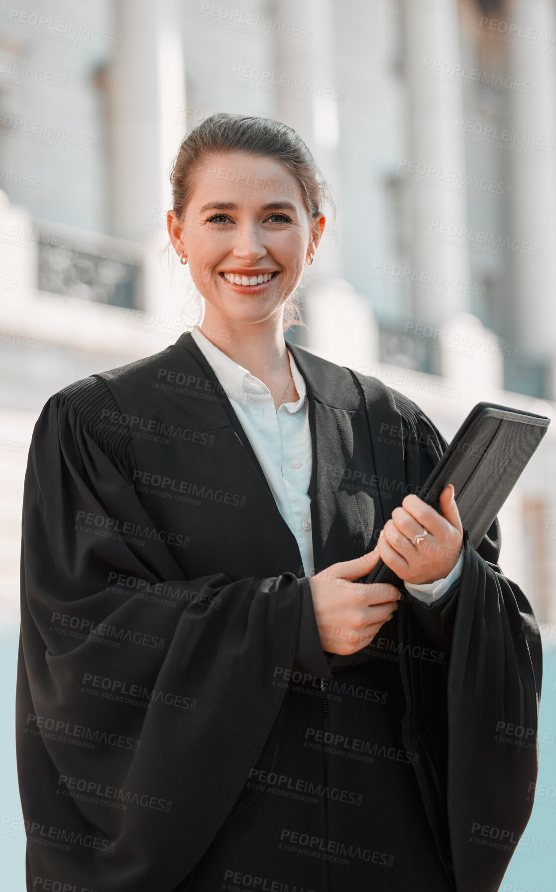 Buy stock photo City, portrait and folder with woman lawyer outdoor in legal outfit for court case, litigation or trial. Crime, justice and law with happy attorney in urban town for start of criminal prosecution