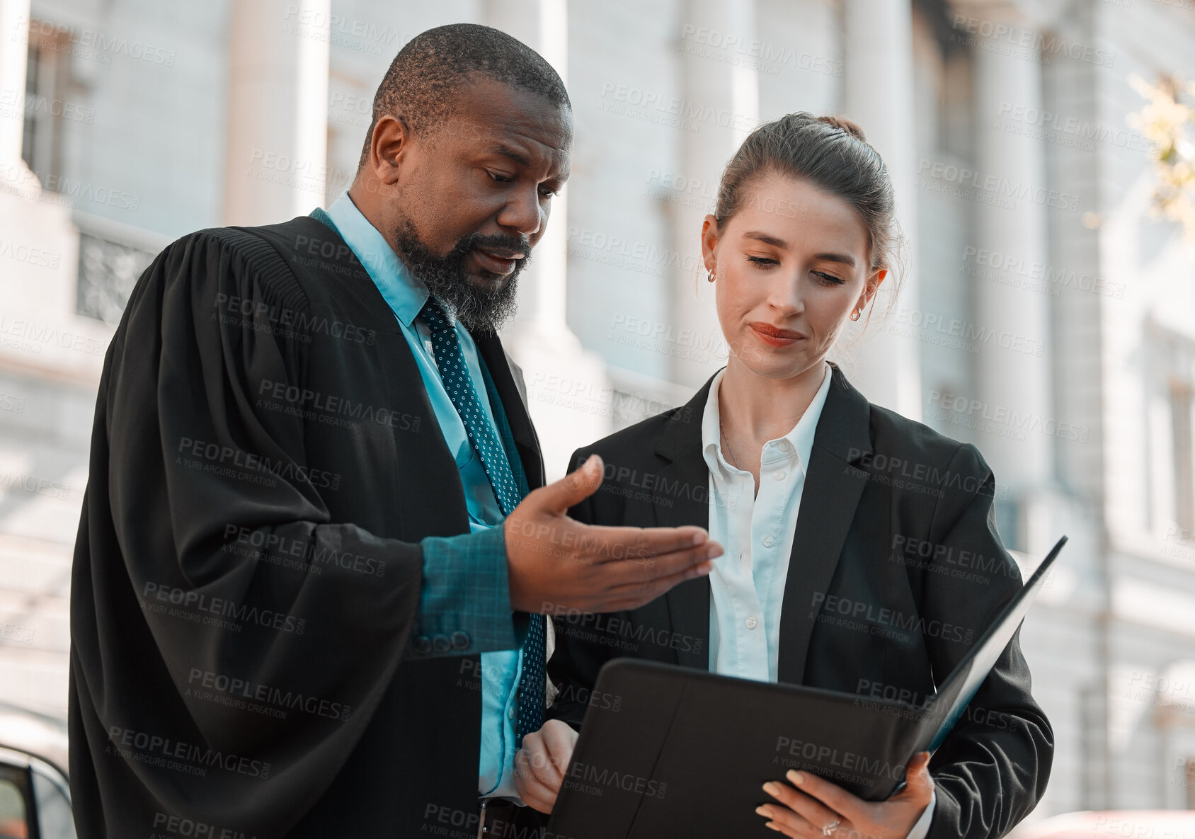 Buy stock photo Lawyer, judge and document at court for law, discussion and legal advice for case study in city. Attorney, help and team with folder for justice, client information and evidence review with mentor