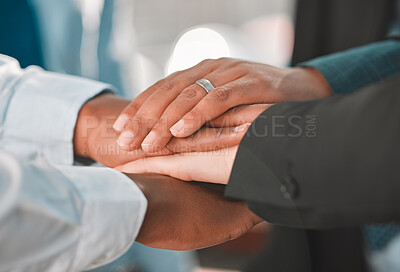 Buy stock photo Business, people and pile of hands for support with teamwork, collaboration and commitment. Employees, partnership and huddle for motivation, trust and unity or solidarity for project with coworking