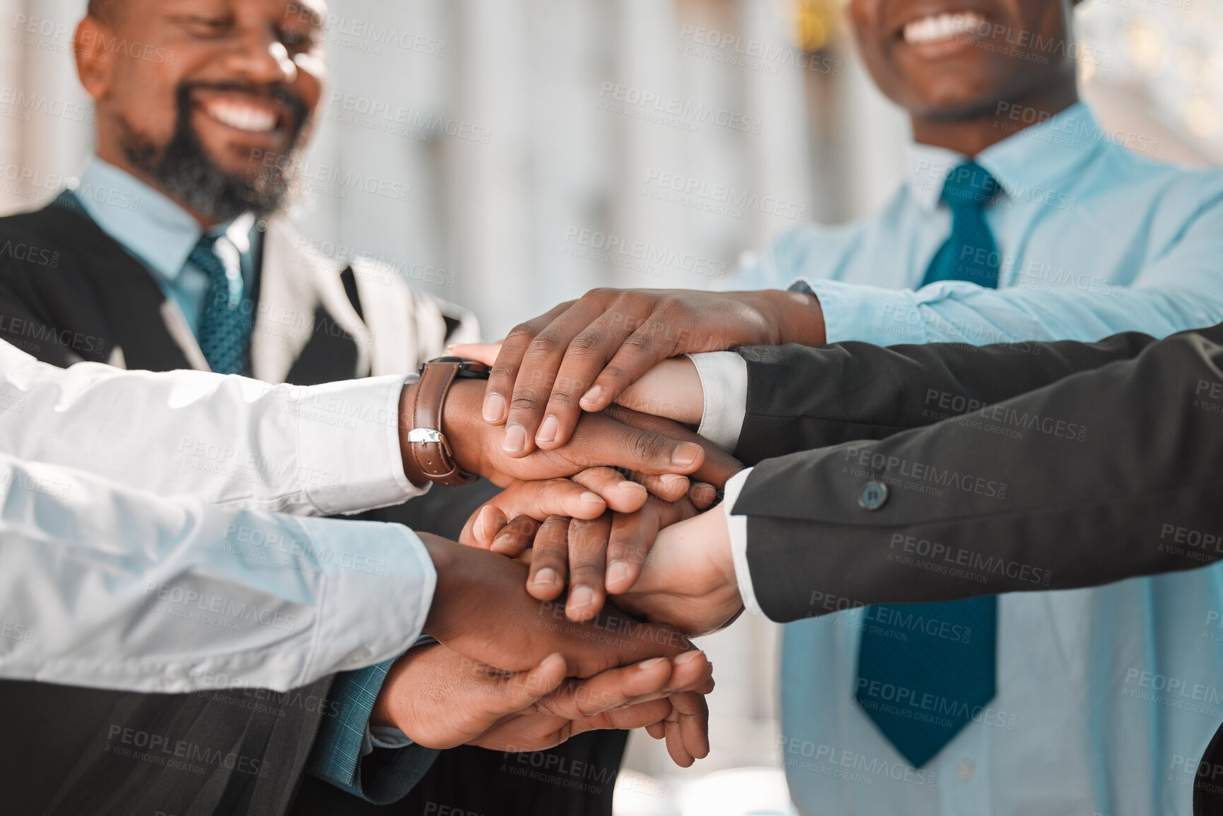 Buy stock photo Business, people and happy with pile of hands for support on teamwork, collaboration and commitment. Employees, partnership and huddle for motivation, trust and unity or solidarity for project