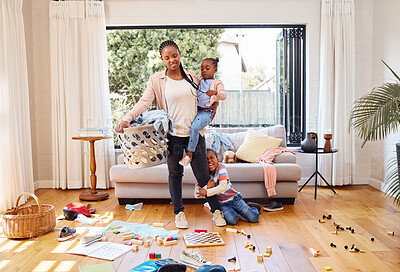 Buy stock photo Toys, children and mother with stress, laundry and home with tantrum, messy living room and anxiety. Family, mama and kids with housekeeping, burnout and mental health issue with untidy living room
