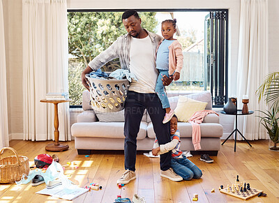 Buy stock photo Family, chaos and father with children in home shouting with anger, frustrated and upset emotions. Tantrum, discipline and tired dad with kids screaming with mess, laundry and toys in living room