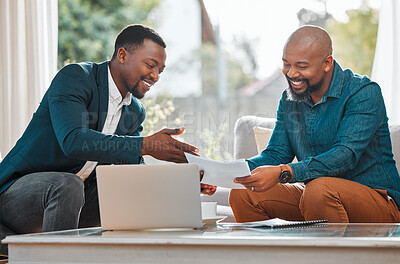 Buy stock photo Broker, contract and black man in a house with a client for meeting or consultation for advice. Financial advisor with male person to talk about investment, savings plan or budget and insurance paper