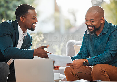 Buy stock photo Financial advisor, contract and black man in house with client for meeting, consultation or advice. Professional broker with a African person to explain investment, savings plan or insurance on paper