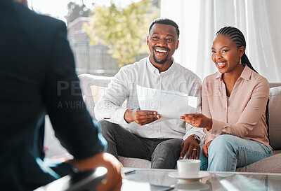 Buy stock photo Broker, couple and contract paper in a house while in meeting or consultation for mortgage advice. Financial advisor with a happy black man and woman for investment, savings plan and insurance