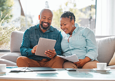 Buy stock photo Technology, married couple with tablet and documents for pay their bills in a living room of their home. Finance or loan, budget or payment and black people with paper on a couch happy together