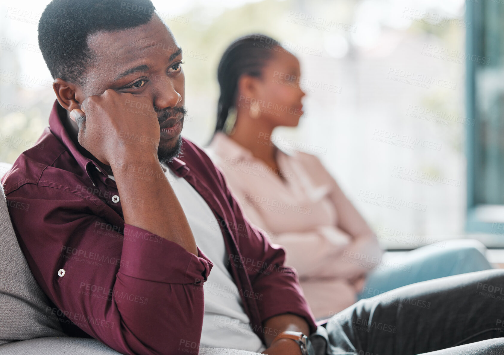 Buy stock photo People, black couple and sad for argument on sofa at home for disagreement, problems and unhappy. Toxic relationship, love and conflict or upset in living room on couch and disappointed with fight