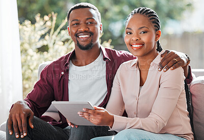 Buy stock photo Black people, couple and portrait with tablet on sofa at home with browsing internet for house insurance options. Family, relationship and smile on website for life policy and funeral cover in Kenya