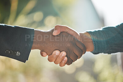 Buy stock photo Thank you, men shaking hands for agreement and networking with a lens flare. Welcoming or partnership. job promotion or deal for business and people together with handshake for greeting or hired 