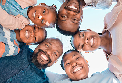 Buy stock photo Generations, black people and happy outdoor on portrait for gathering, visit and bonding in Uganda. Family, below and support with smile in confidence for care, trust and unity on break outside