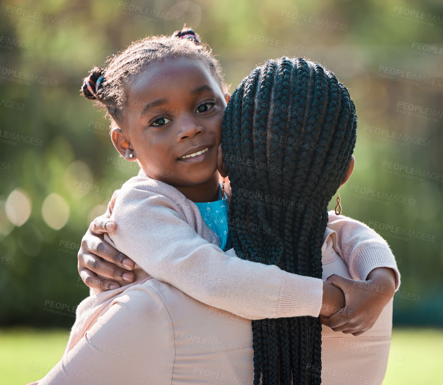 Buy stock photo Mother, love and hug African kid outdoor for trust, care and people bonding together. Mom, child or embrace girl in garden for connection, support or family celebrate adoption with parent at backyard