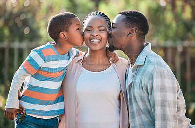 Buy stock photo Black family, happy and cheek kiss outdoor for mothers day, bonding and relationship together with love. Parents, child and people in park for relax, playful and hug with smile, embrace or connection