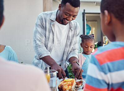 Buy stock photo Outdoor, black family and food with event, love and bonding together with conversation. House, parents or healthy meal in garden, celebration and event with nutrition, happiness or social gathering