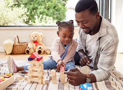 Buy stock photo Black man, play and building blocks with girl learning from father on floor of living room. Kid, growth and toys for child development with dad teaching daughter in home lounge for education