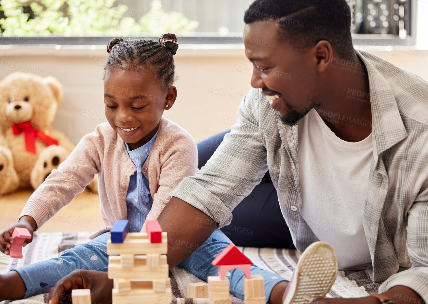 Buy stock photo Black man, smile and building blocks with daughter learning from father on floor of living room. Kid, growth and toys for child development with dad teaching girl in home lounge for education