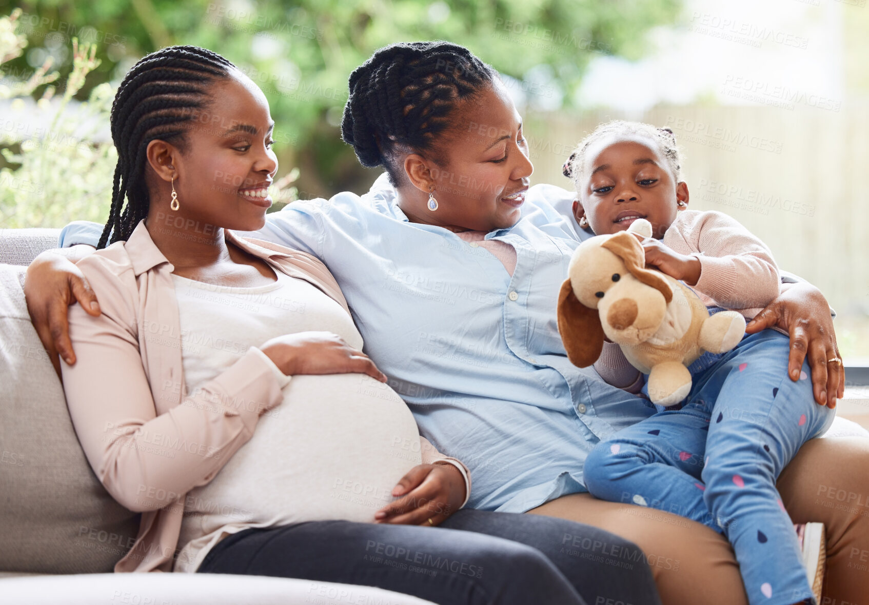 Buy stock photo Black family, happy and stomach touch for pregnant, bonding and support in living room with belly growth. Mother, people and pregnancy in house for generations, maternity and motherhood with grandma