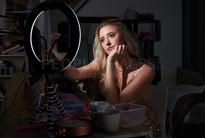 Buy stock photo Woman, influencer and phone for live streaming in home, fashion blog and filming at night. Female person, ring light and webcam for evening glam style tutorial, trend recreation and online for vlog