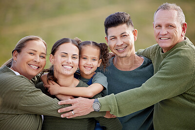 Buy stock photo Big family, portrait and smile with child in nature for outdoor adventure, holiday and bonding together. Happy, parents and grandparents with little girl at field for vacation, love and weekend trip