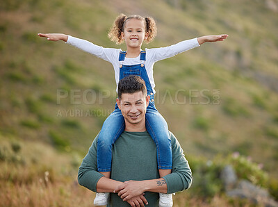 Buy stock photo Shot of an adorable little girl spending the day outdoors with her father